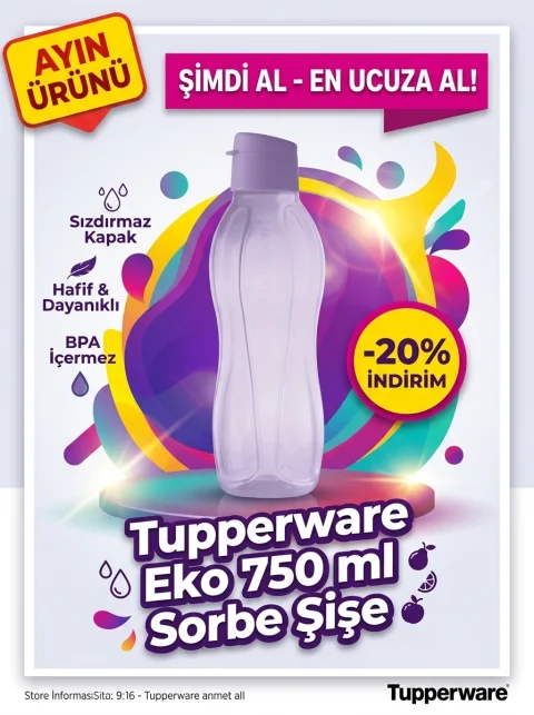 Tupperware Eco Şişe 750 ml Lila Sorbe Kolay Kapak Suluk